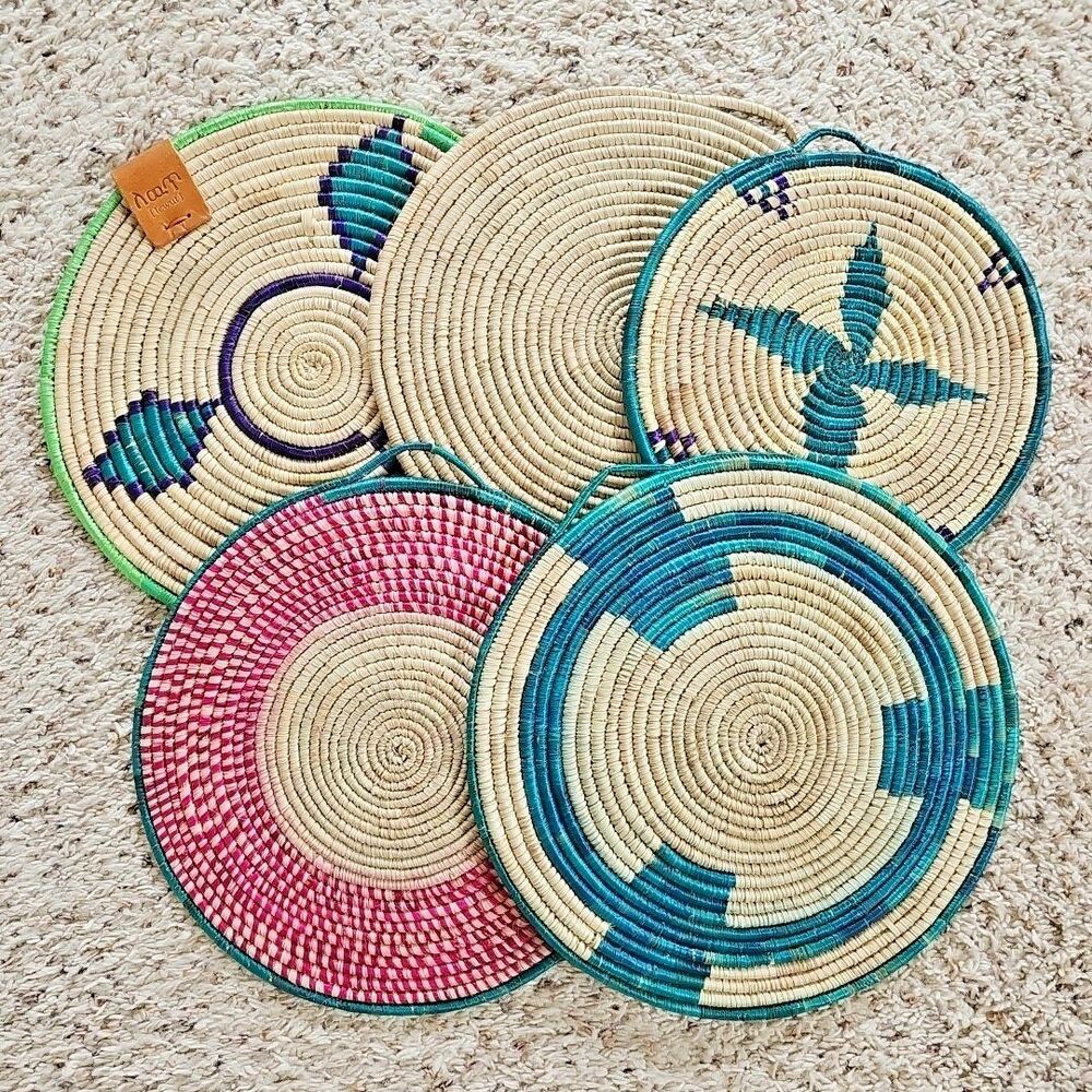 Handwoven Coiled Spiral Wall Baskets 12” Artisan Boho Decor Teal Pink Geometric